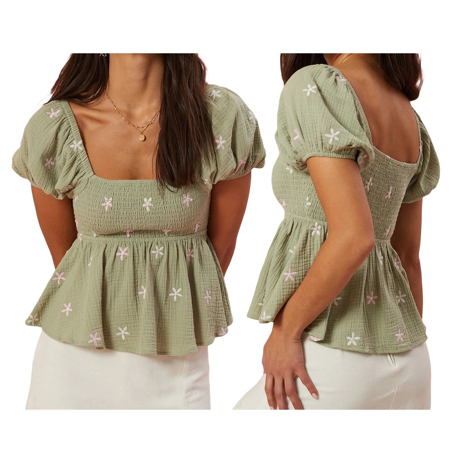 Combhasaki Women Short Puff Sleeve Shirts Flower Embroidered Smocked Square Neck Babydoll Blouses Summer Casual Tops Streetwear