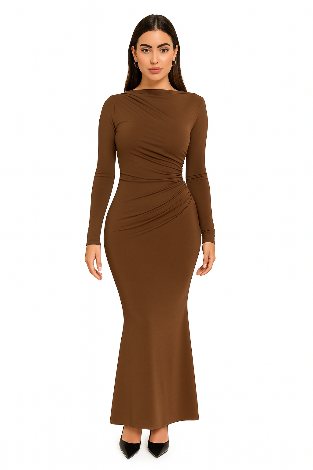 Ulvly Long Sleeve Slim Fit Maxi Dress with Zipper Detail