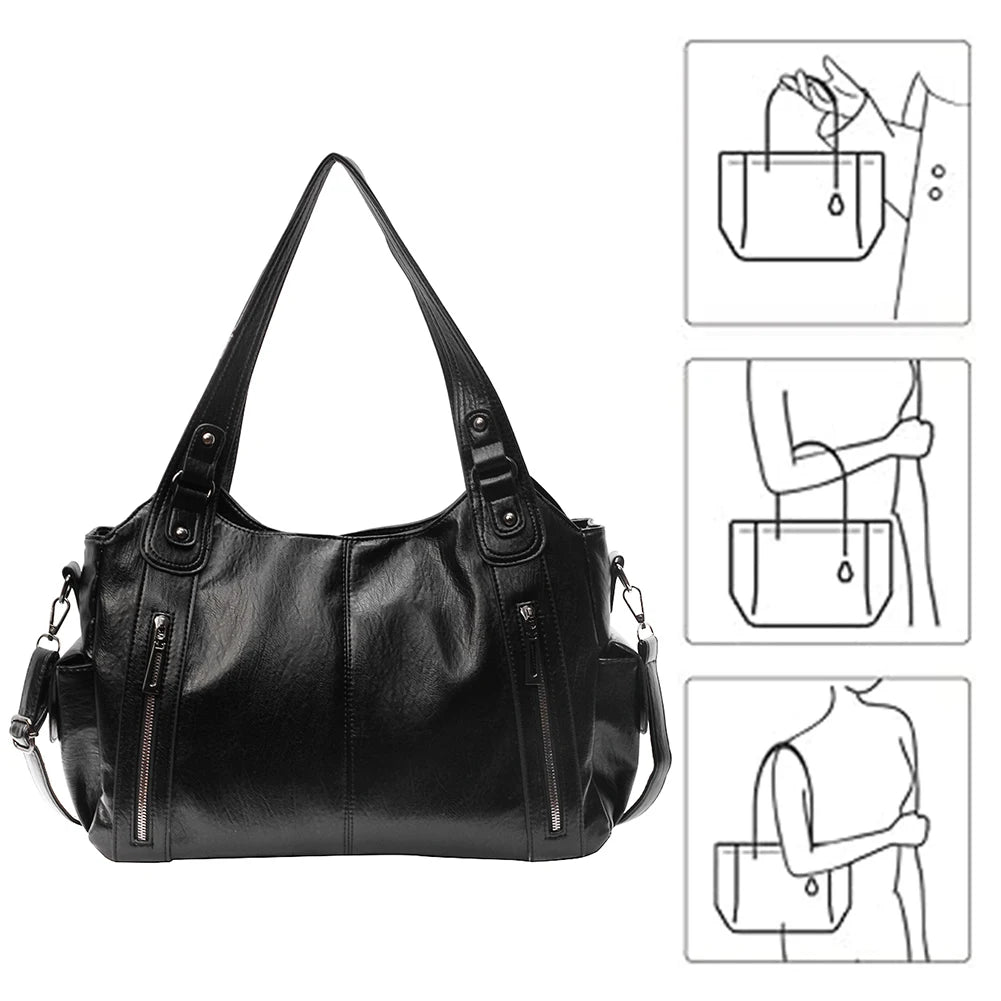 Ulvly Retro PU Leather Tote – Multi-Pocket Shoulder & Crossbody Bag