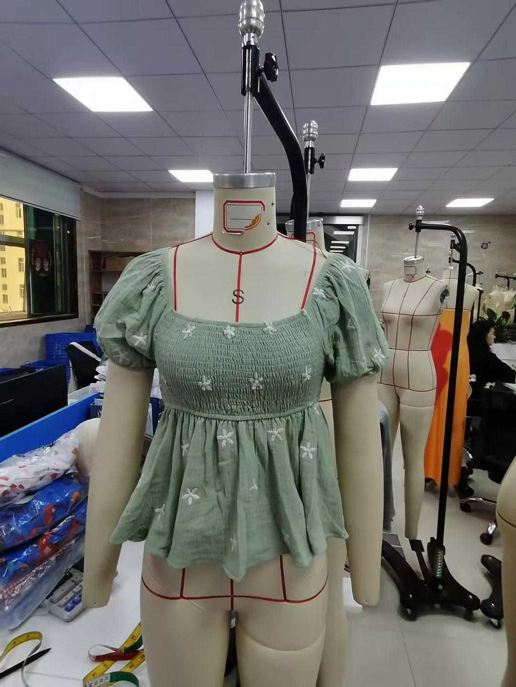 Combhasaki Women Short Puff Sleeve Shirts Flower Embroidered Smocked Square Neck Babydoll Blouses Summer Casual Tops Streetwear