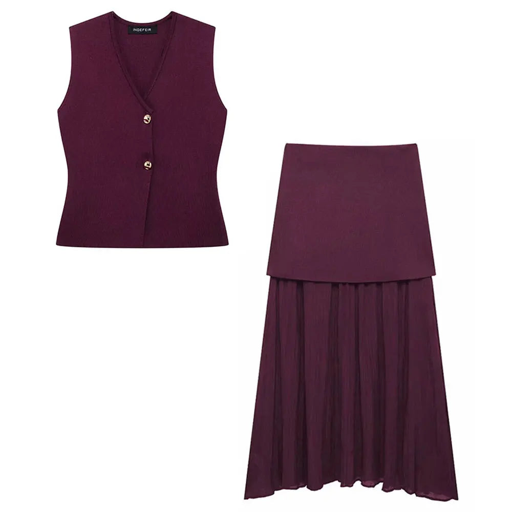 Ulvly Wine Red Knit Vest & Skirt Set