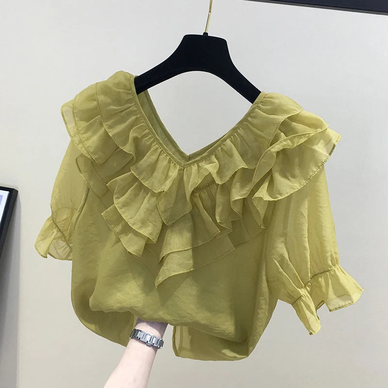 ZANZEA Women Solid Ruffle Blouse Vintage 3/4 Sleeve V-Neck Chemise 2024 Summer Office Chiffon Shirts Casual Loose Stitching Tops