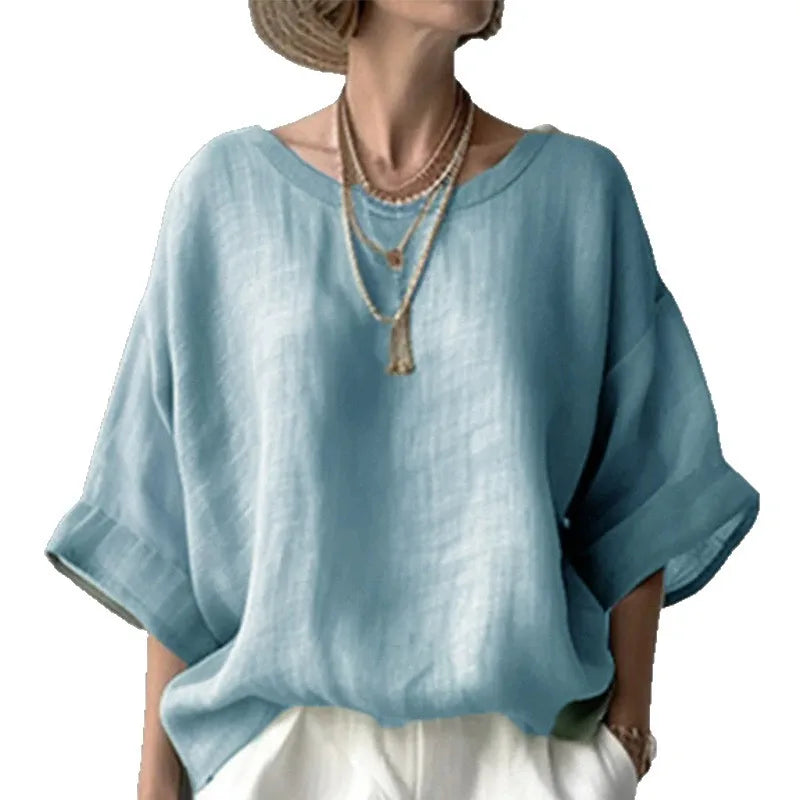Women Cotton Linen Shirt Oversize Loose Blouse And Tops Summer O Neck Half Sleeve Solid Color Blouse Elegant Top Female