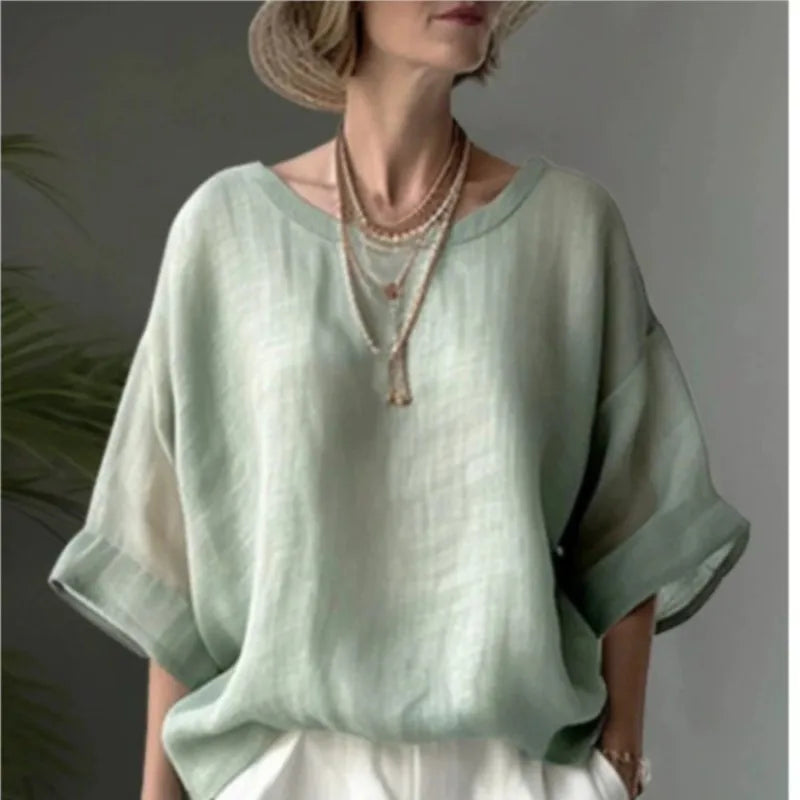 Women Cotton Linen Shirt Oversize Loose Blouse And Tops Summer O Neck Half Sleeve Solid Color Blouse Elegant Top Female