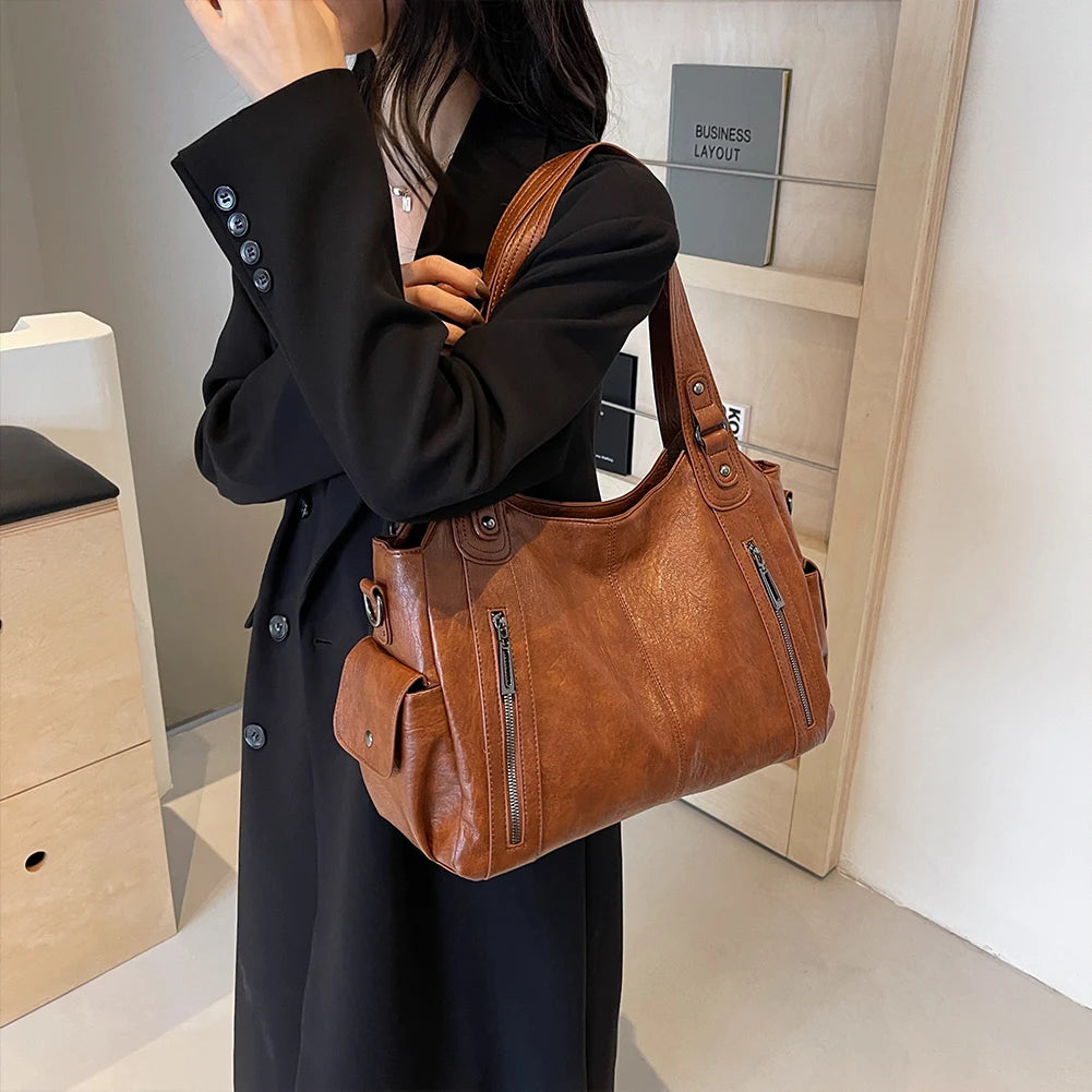 Ulvly Retro PU Leather Tote – Multi-Pocket Shoulder & Crossbody Bag