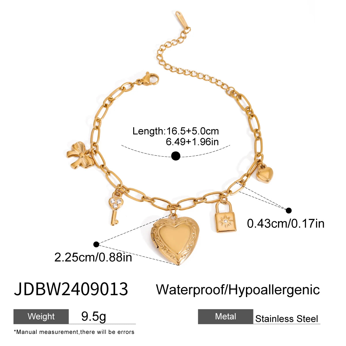 Ulvly 18K Gold Stainless Steel Heart Link Bracelet – Waterproof & Fade-Resistant