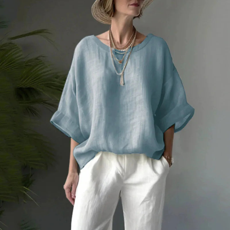 Women Cotton Linen Shirt Oversize Loose Blouse And Tops Summer O Neck Half Sleeve Solid Color Blouse Elegant Top Female