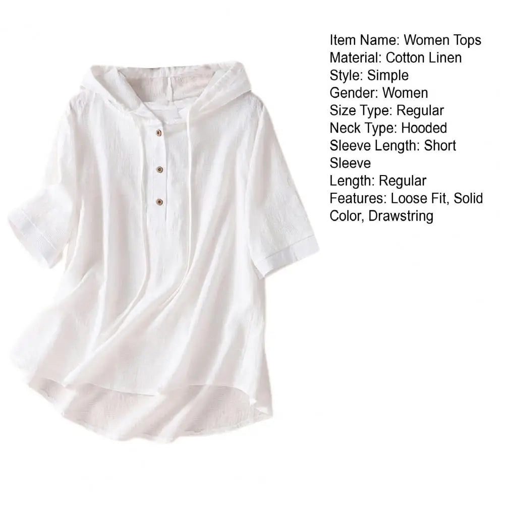 Elegant Women Blouse Shirt Hooded Cotton Linen Solid Color Buttons Half Placket Short Sleeve Top Thin Loose Blouse