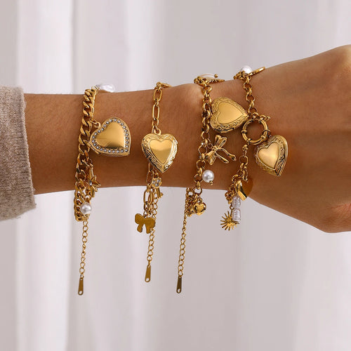 Ulvly 18K Gold Stainless Steel Heart Link Bracelet – Waterproof & Fade-Resistant
