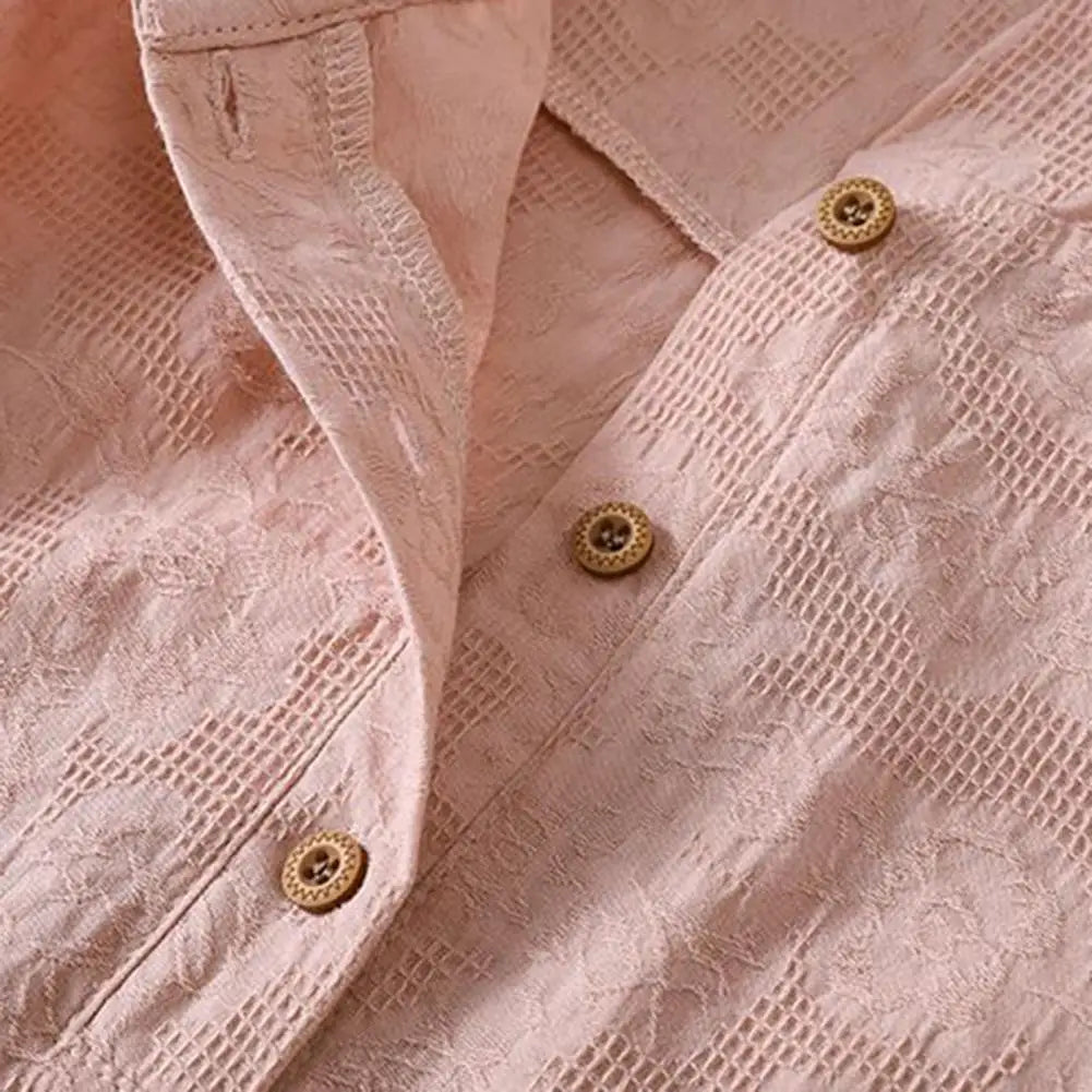 Elegant Women Blouse Shirt Hooded Cotton Linen Solid Color Buttons Half Placket Short Sleeve Top Thin Loose Blouse