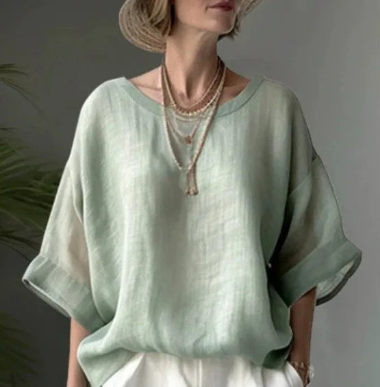 Women Cotton Linen Shirt Oversize Loose Blouse And Tops Summer O Neck Half Sleeve Solid Color Blouse Elegant Top Female