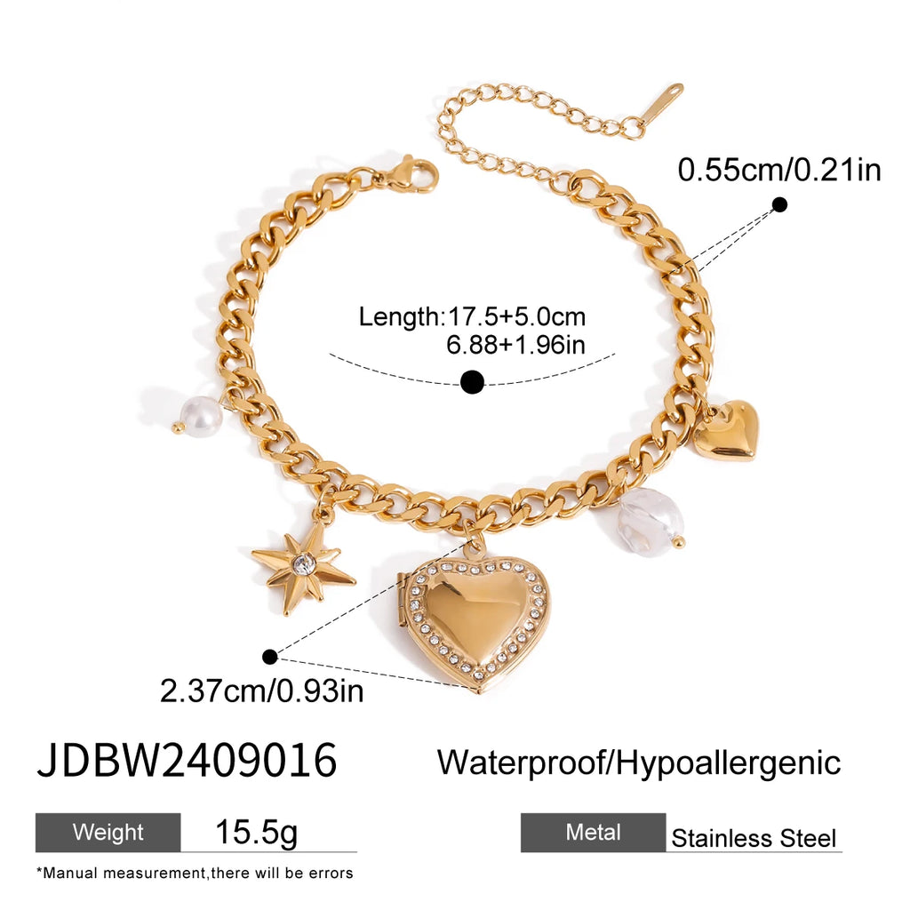 Ulvly 18K Gold Stainless Steel Heart Link Bracelet – Waterproof & Fade-Resistant