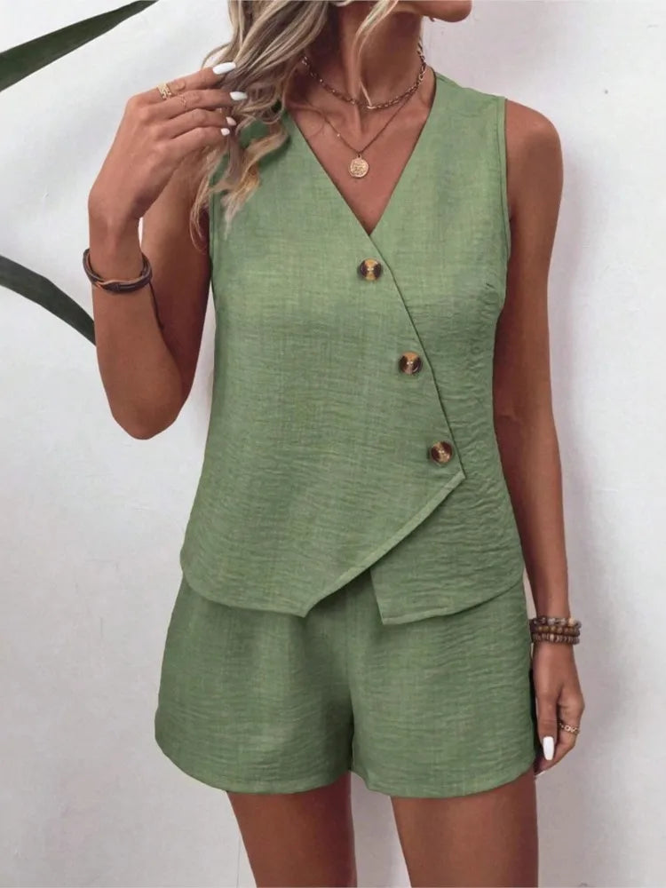 Ulvly Summer Button Vest &amp; Shorts Set