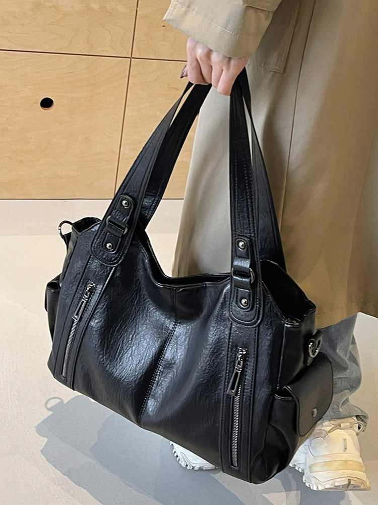 Ulvly Retro PU Leather Tote – Multi-Pocket Shoulder & Crossbody Bag