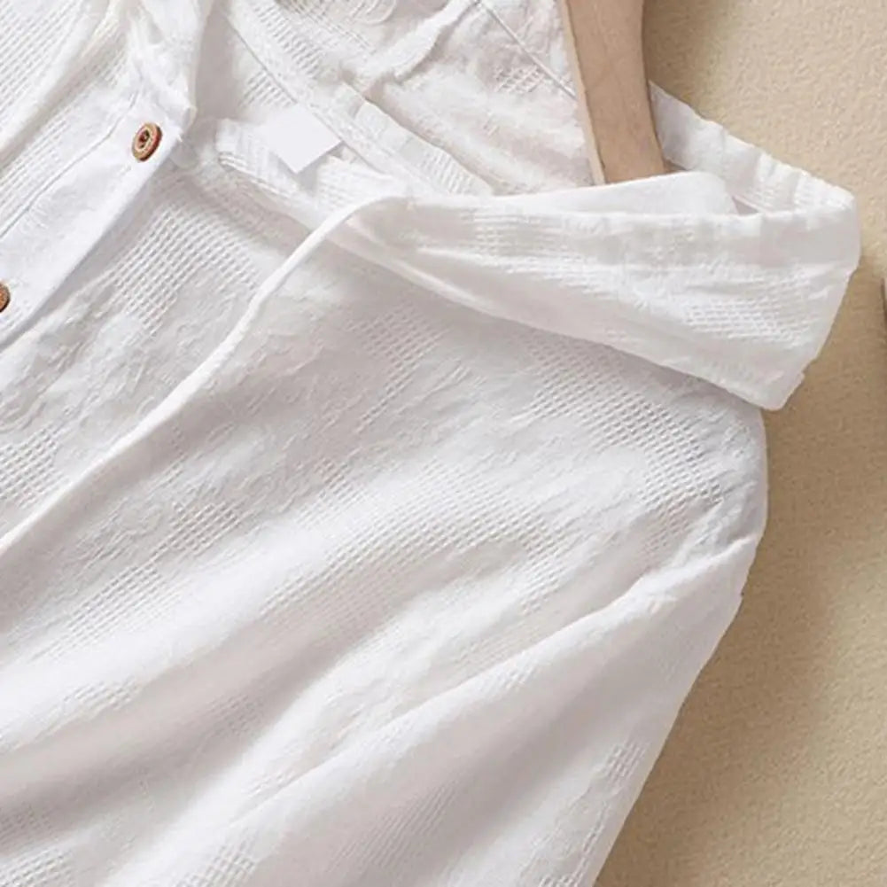 Elegant Women Blouse Shirt Hooded Cotton Linen Solid Color Buttons Half Placket Short Sleeve Top Thin Loose Blouse