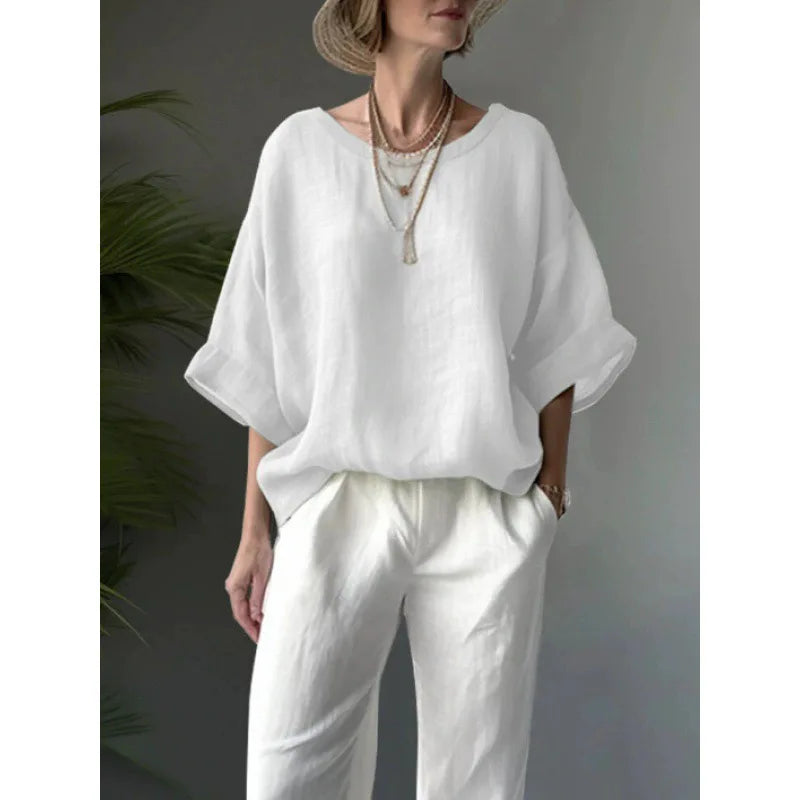 Women Cotton Linen Shirt Oversize Loose Blouse And Tops Summer O Neck Half Sleeve Solid Color Blouse Elegant Top Female