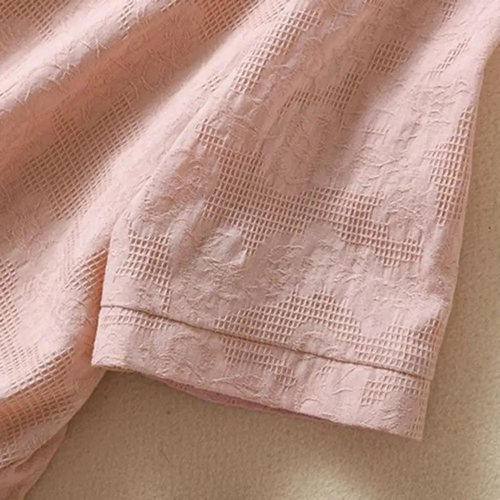 Elegant Women Blouse Shirt Hooded Cotton Linen Solid Color Buttons Half Placket Short Sleeve Top Thin Loose Blouse