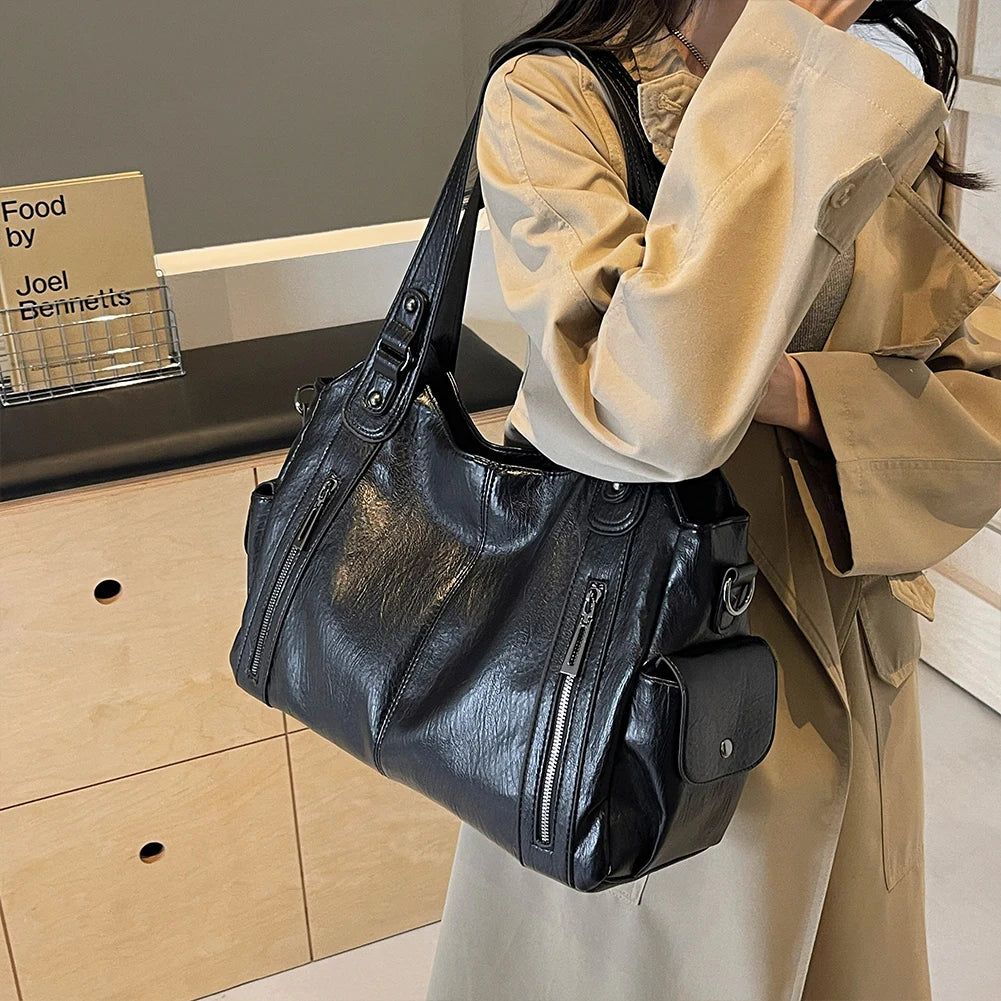 Ulvly Retro PU Leather Tote – Multi-Pocket Shoulder & Crossbody Bag