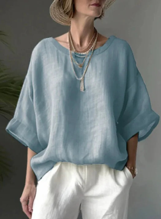 Women Cotton Linen Shirt Oversize Loose Blouse And Tops Summer O Neck Half Sleeve Solid Color Blouse Elegant Top Female