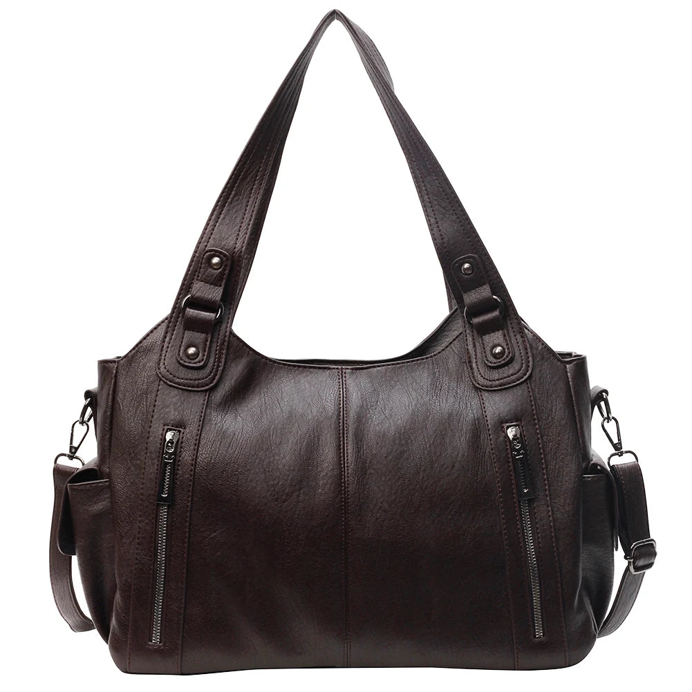Ulvly Retro PU Leather Tote – Multi-Pocket Shoulder & Crossbody Bag