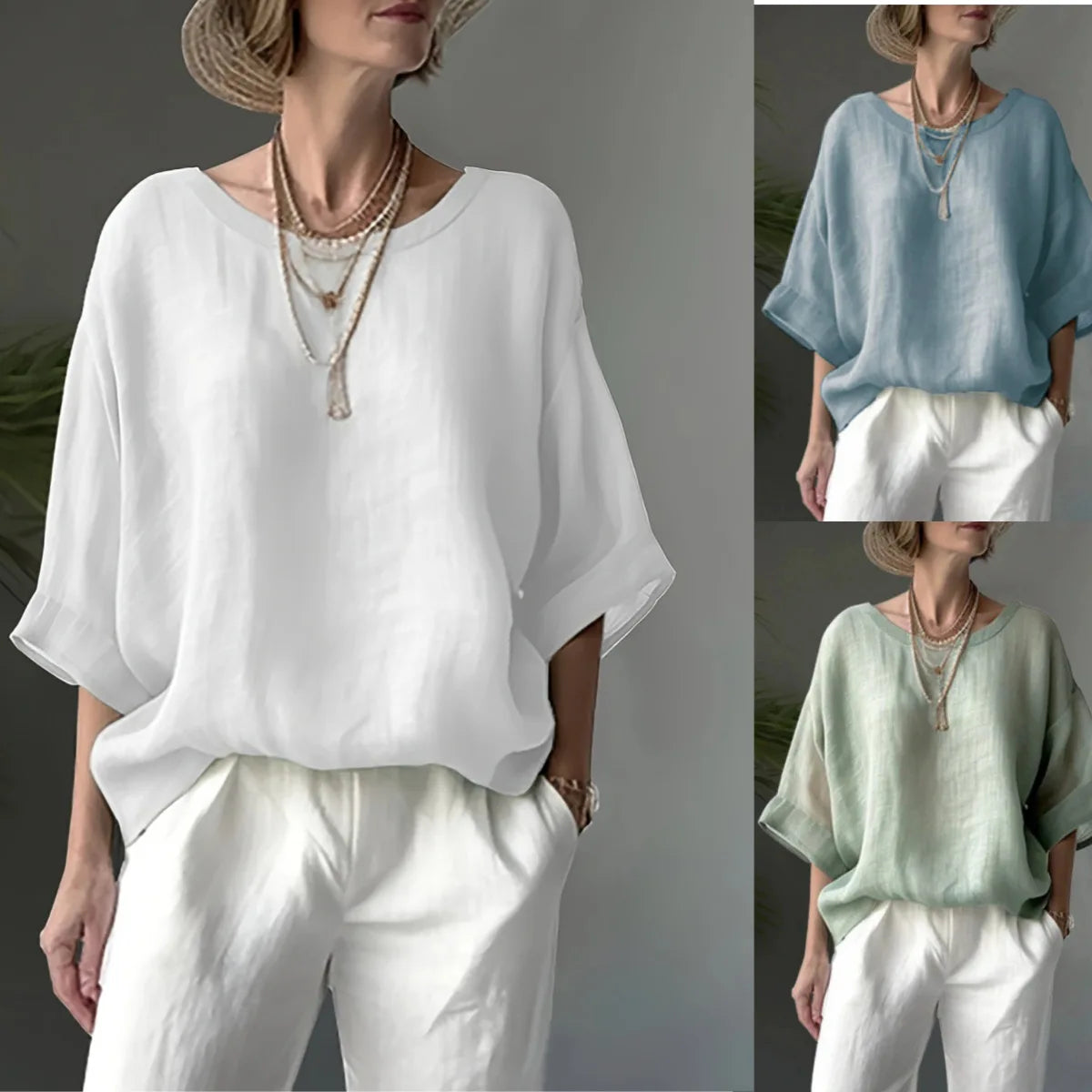 Women Cotton Linen Shirt Oversize Loose Blouse And Tops Summer O Neck Half Sleeve Solid Color Blouse Elegant Top Female