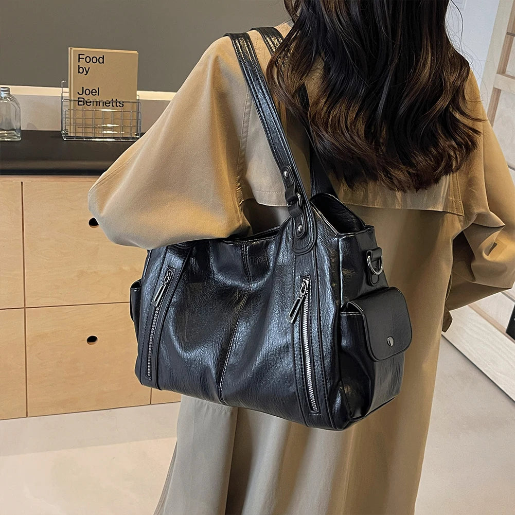 Ulvly Retro PU Leather Tote – Multi-Pocket Shoulder & Crossbody Bag