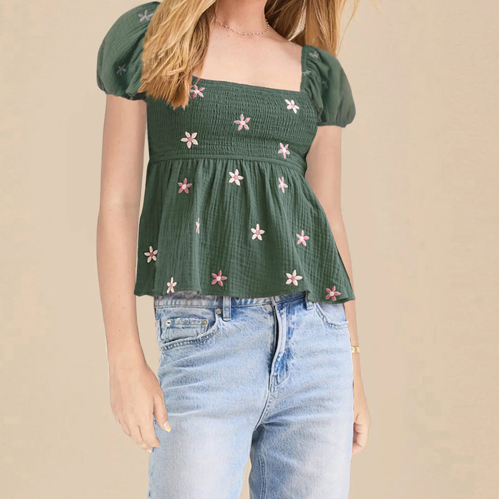 Combhasaki Women Short Puff Sleeve Shirts Flower Embroidered Smocked Square Neck Babydoll Blouses Summer Casual Tops Streetwear