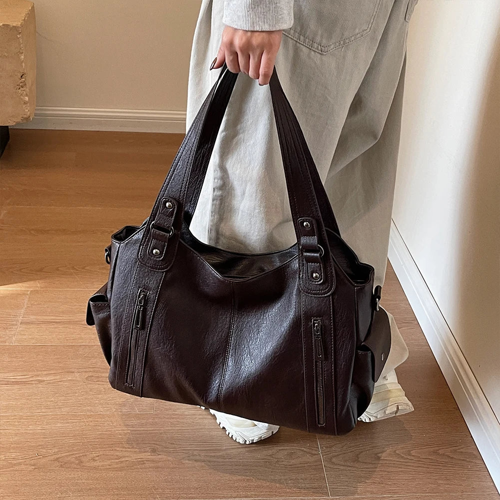 Ulvly Retro PU Leather Tote – Multi-Pocket Shoulder & Crossbody Bag
