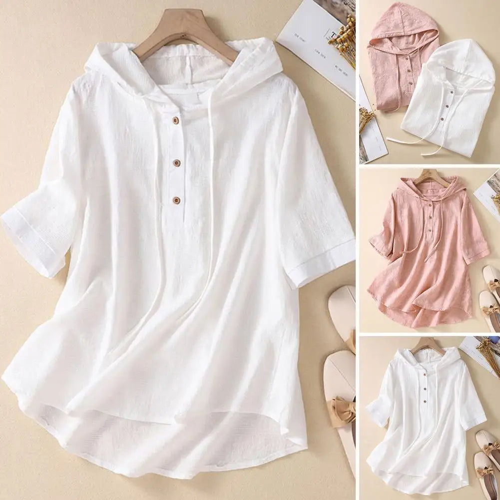 Elegant Women Blouse Shirt Hooded Cotton Linen Solid Color Buttons Half Placket Short Sleeve Top Thin Loose Blouse
