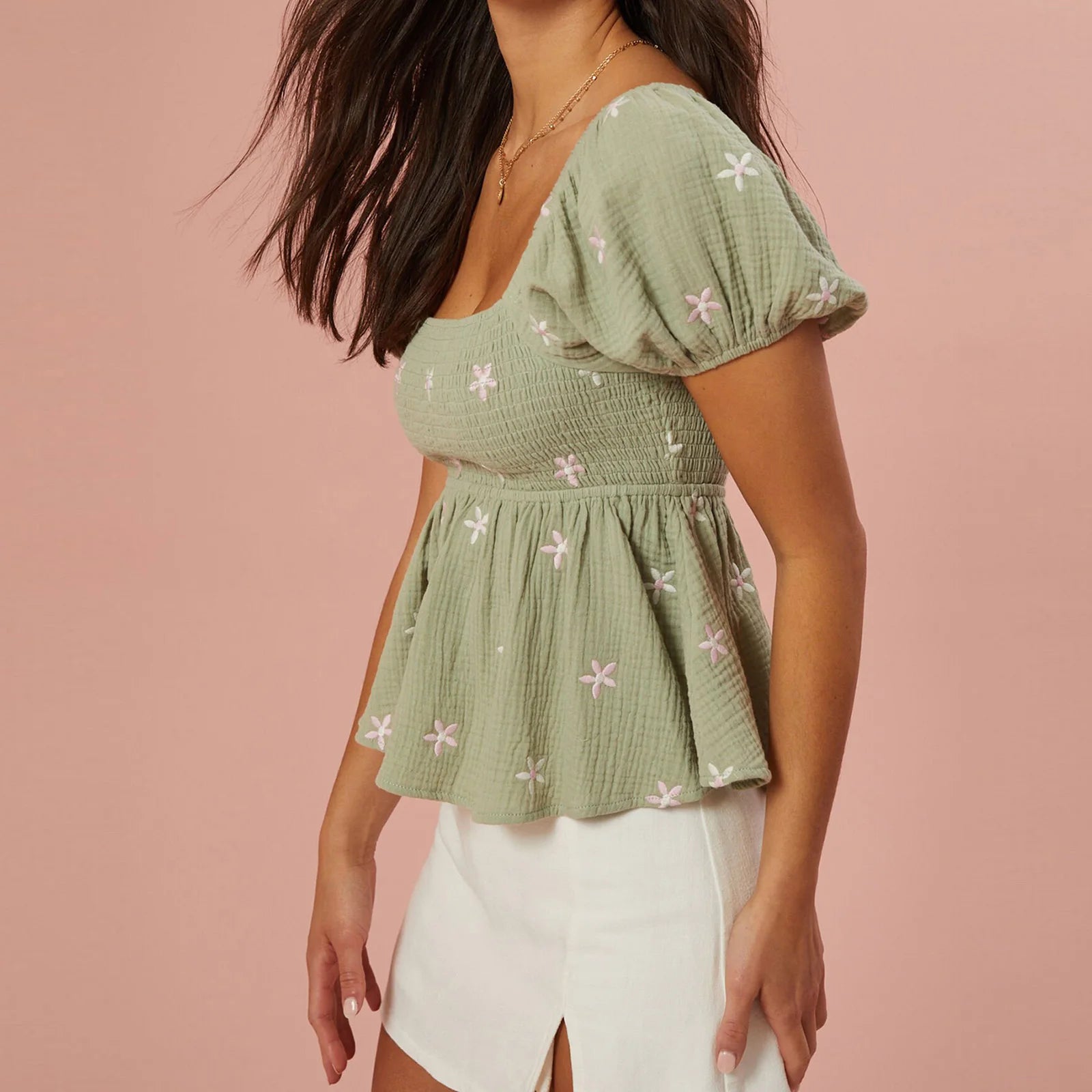Combhasaki Women Short Puff Sleeve Shirts Flower Embroidered Smocked Square Neck Babydoll Blouses Summer Casual Tops Streetwear