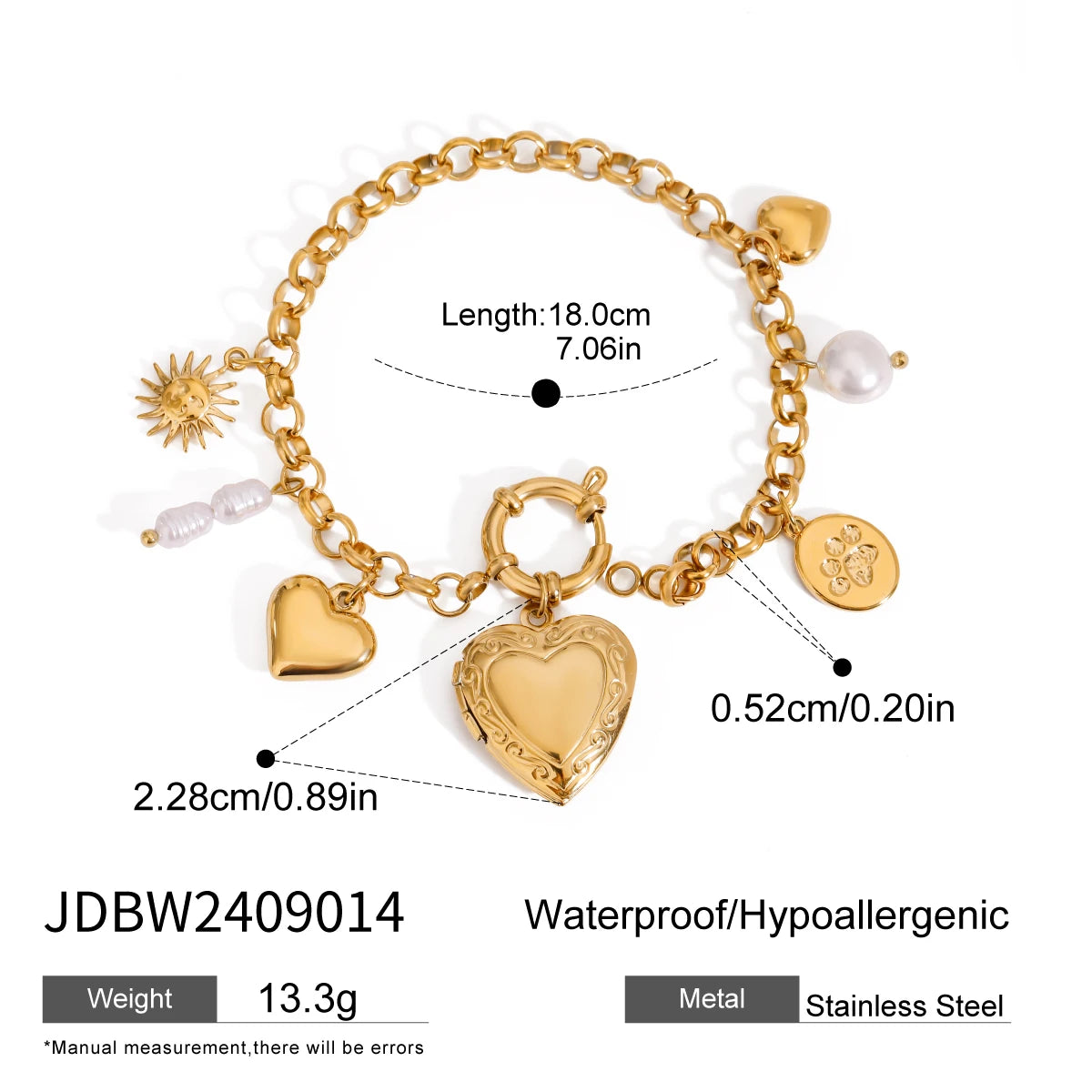 Ulvly 18K Gold Stainless Steel Heart Link Bracelet – Waterproof & Fade-Resistant