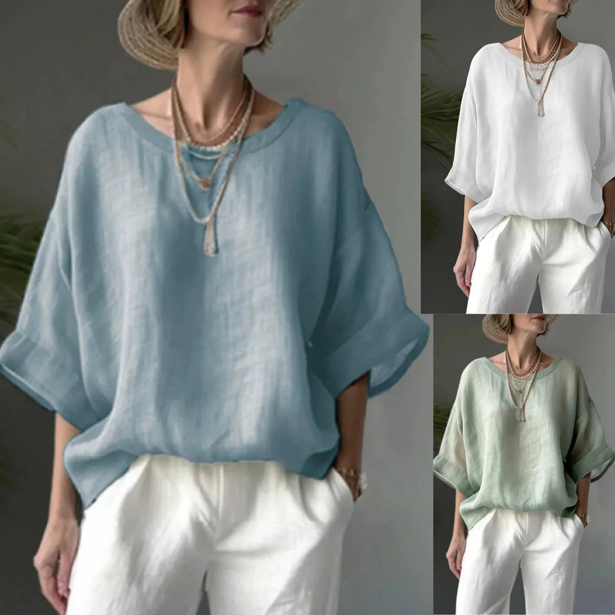 Women Cotton Linen Shirt Oversize Loose Blouse And Tops Summer O Neck Half Sleeve Solid Color Blouse Elegant Top Female