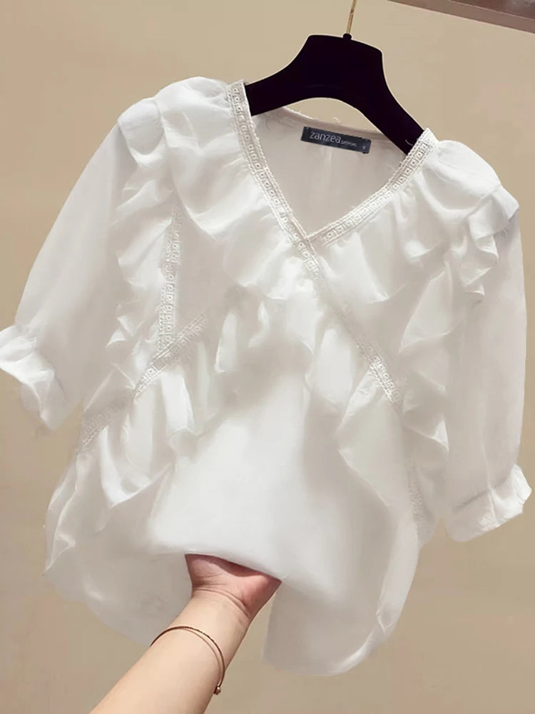 ZANZEA Women Solid Ruffle Blouse Vintage 3/4 Sleeve V-Neck Chemise 2024 Summer Office Chiffon Shirts Casual Loose Stitching Tops
