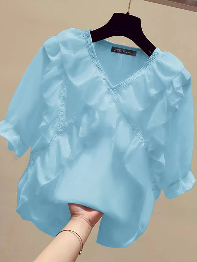 ZANZEA Women Solid Ruffle Blouse Vintage 3/4 Sleeve V-Neck Chemise 2024 Summer Office Chiffon Shirts Casual Loose Stitching Tops