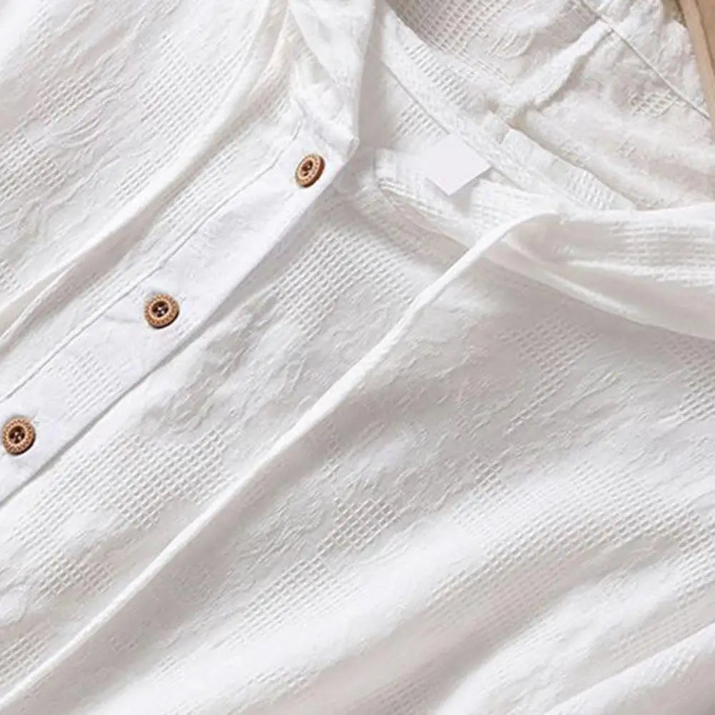 Elegant Women Blouse Shirt Hooded Cotton Linen Solid Color Buttons Half Placket Short Sleeve Top Thin Loose Blouse