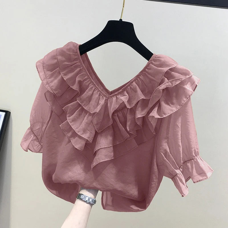 ZANZEA Women Solid Ruffle Blouse Vintage 3/4 Sleeve V-Neck Chemise 2024 Summer Office Chiffon Shirts Casual Loose Stitching Tops