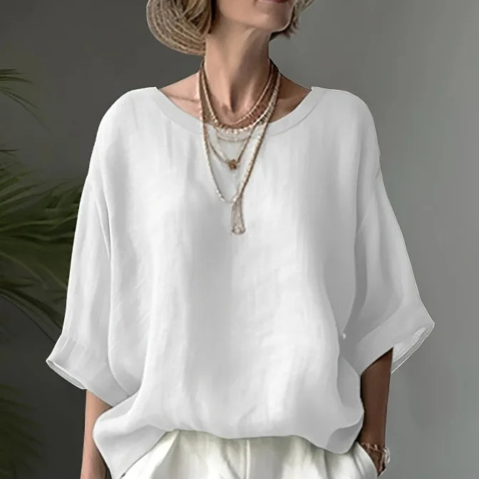 Women Cotton Linen Shirt Oversize Loose Blouse And Tops Summer O Neck Half Sleeve Solid Color Blouse Elegant Top Female