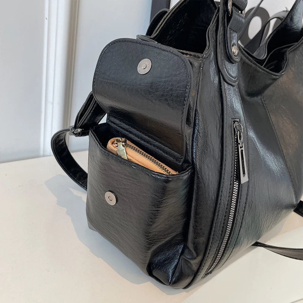 Ulvly Retro PU Leather Tote – Multi-Pocket Shoulder & Crossbody Bag