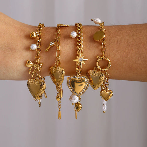Ulvly 18K Gold Stainless Steel Heart Link Bracelet – Waterproof & Fade-Resistant