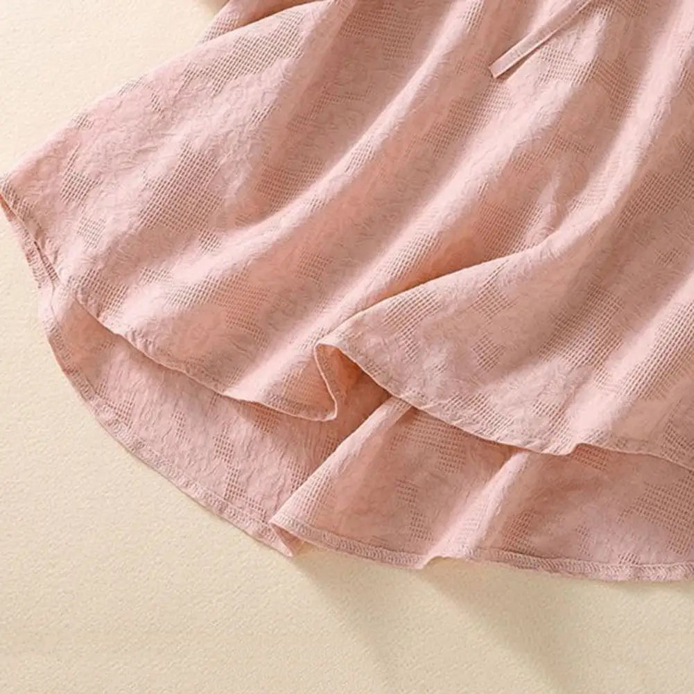 Elegant Women Blouse Shirt Hooded Cotton Linen Solid Color Buttons Half Placket Short Sleeve Top Thin Loose Blouse