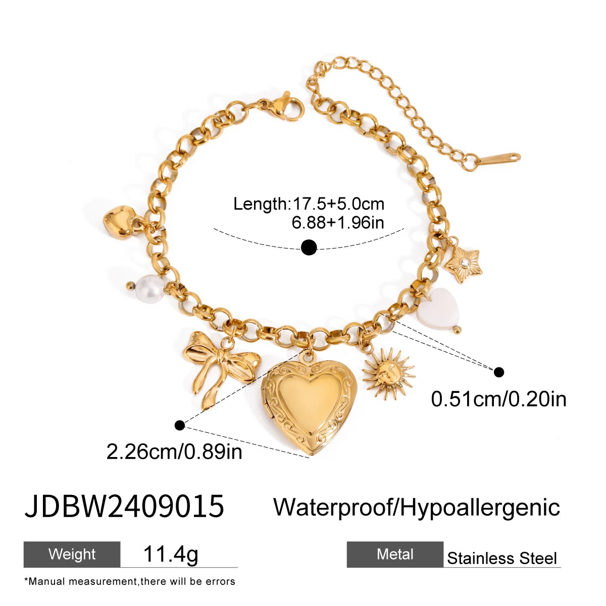 Ulvly 18K Gold Stainless Steel Heart Link Bracelet – Waterproof & Fade-Resistant