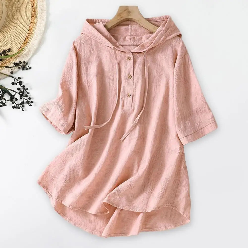 Elegant Women Blouse Shirt Hooded Cotton Linen Solid Color Buttons Half Placket Short Sleeve Top Thin Loose Blouse