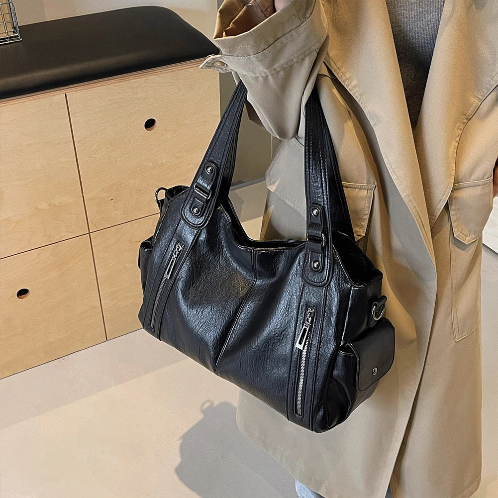Ulvly Retro PU Leather Tote – Multi-Pocket Shoulder & Crossbody Bag