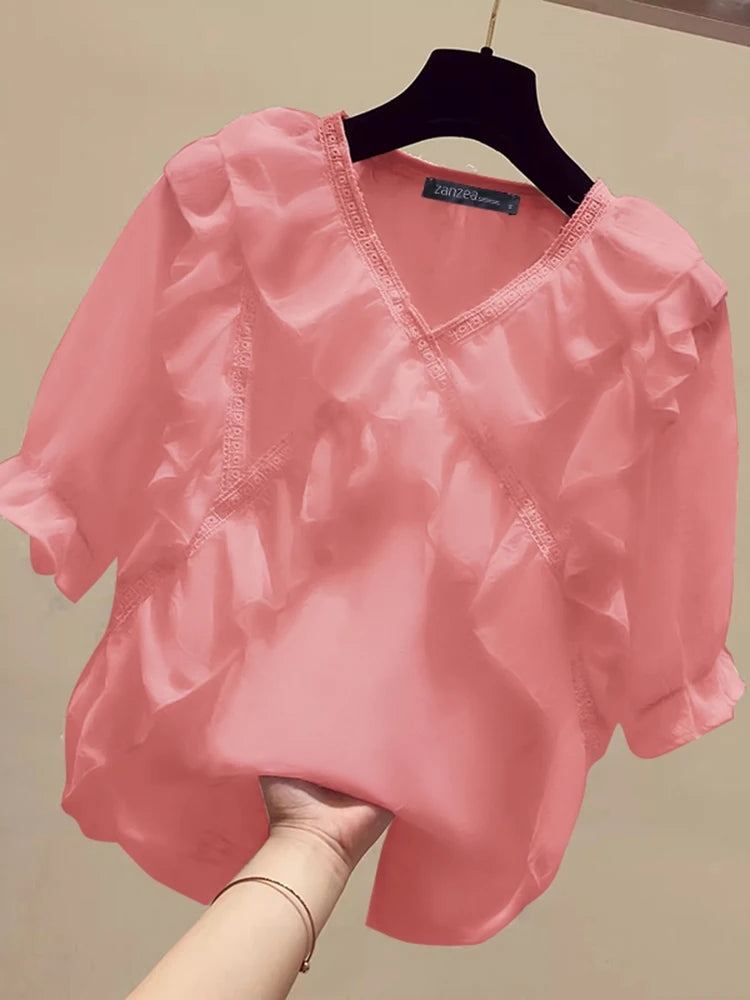 ZANZEA Women Solid Ruffle Blouse Vintage 3/4 Sleeve V-Neck Chemise 2024 Summer Office Chiffon Shirts Casual Loose Stitching Tops
