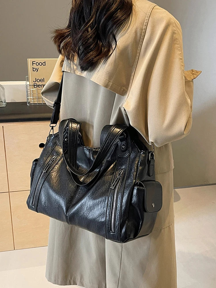 Ulvly Retro PU Leather Tote – Multi-Pocket Shoulder & Crossbody Bag