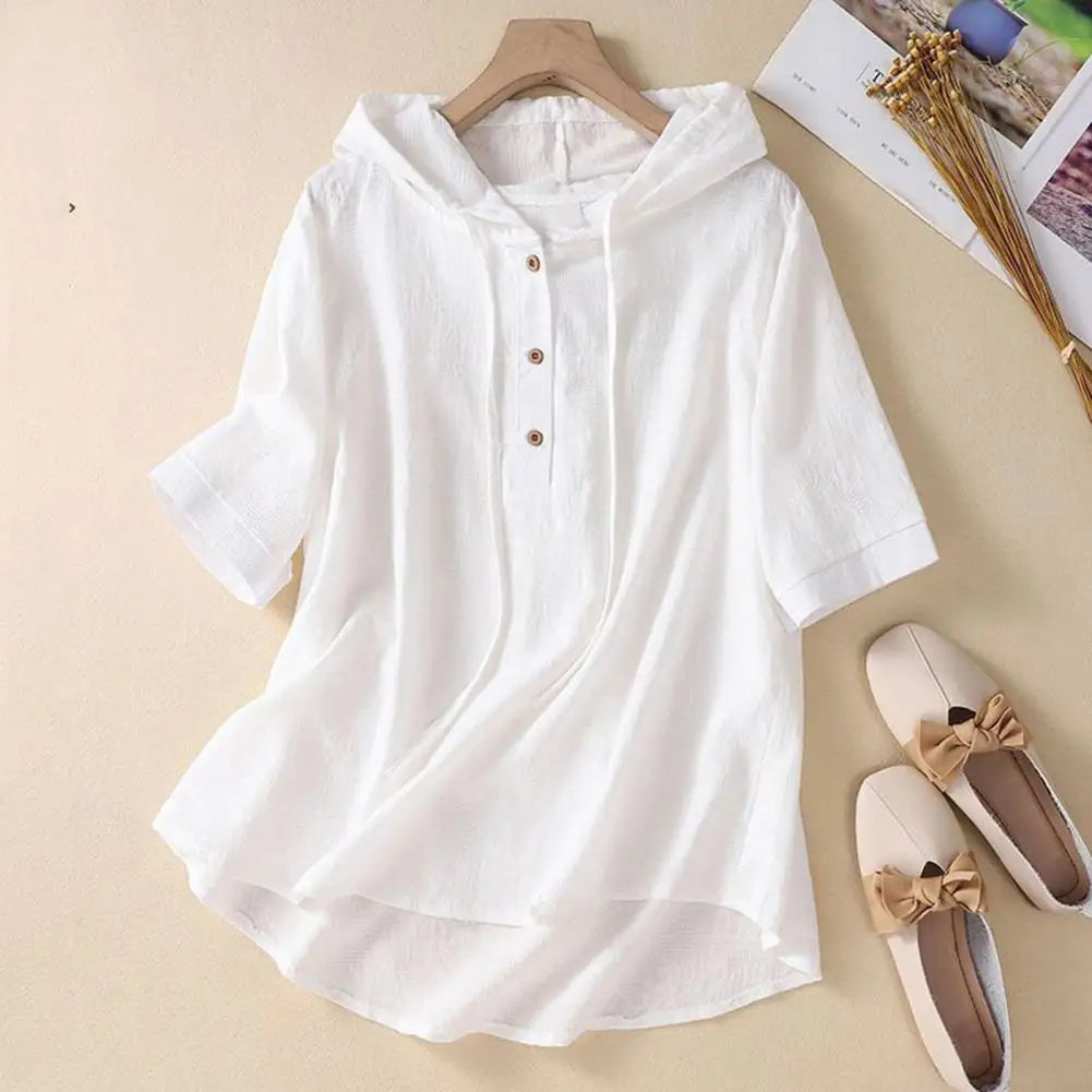 Elegant Women Blouse Shirt Hooded Cotton Linen Solid Color Buttons Half Placket Short Sleeve Top Thin Loose Blouse