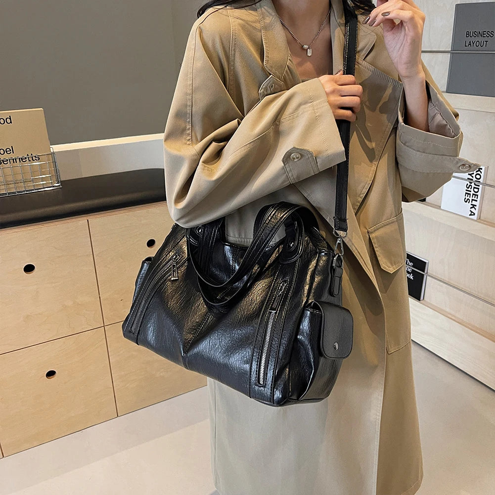 Ulvly Retro PU Leather Tote – Multi-Pocket Shoulder & Crossbody Bag