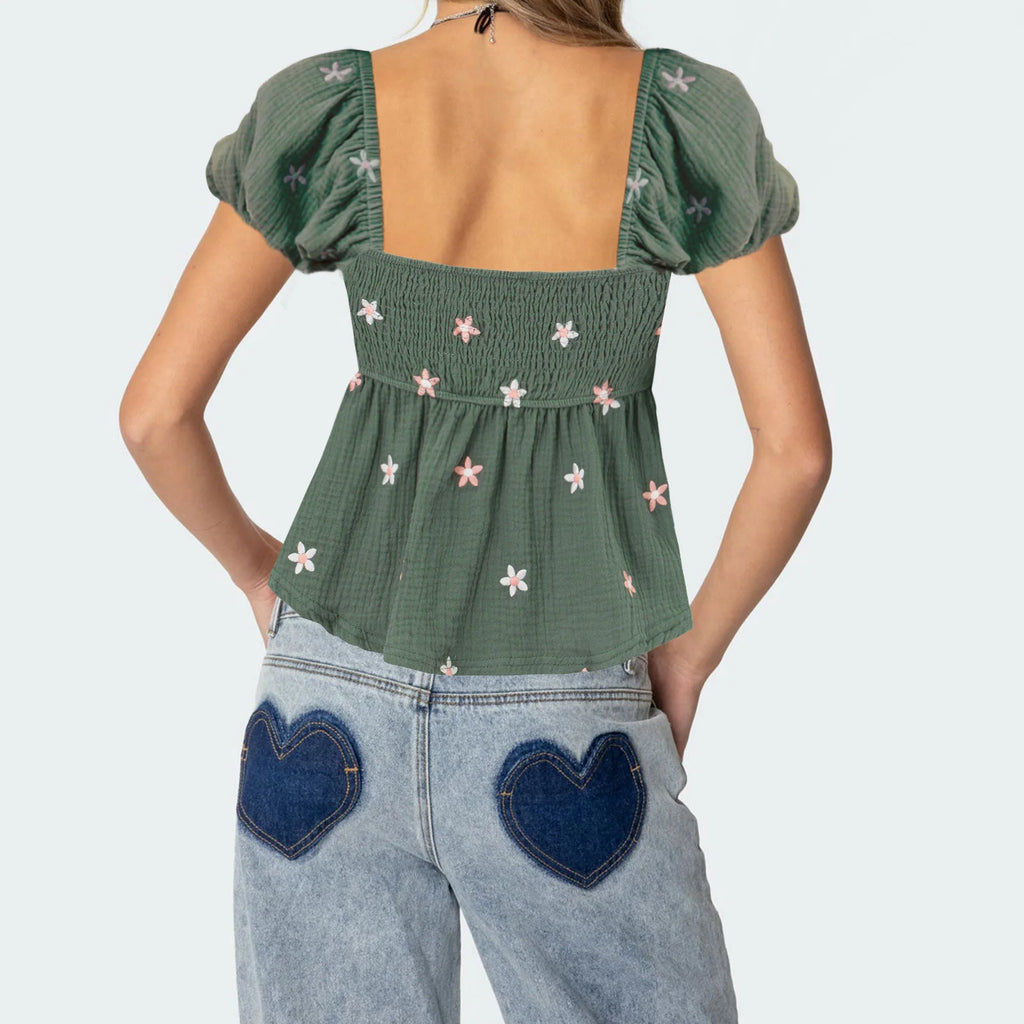 Combhasaki Women Short Puff Sleeve Shirts Flower Embroidered Smocked Square Neck Babydoll Blouses Summer Casual Tops Streetwear