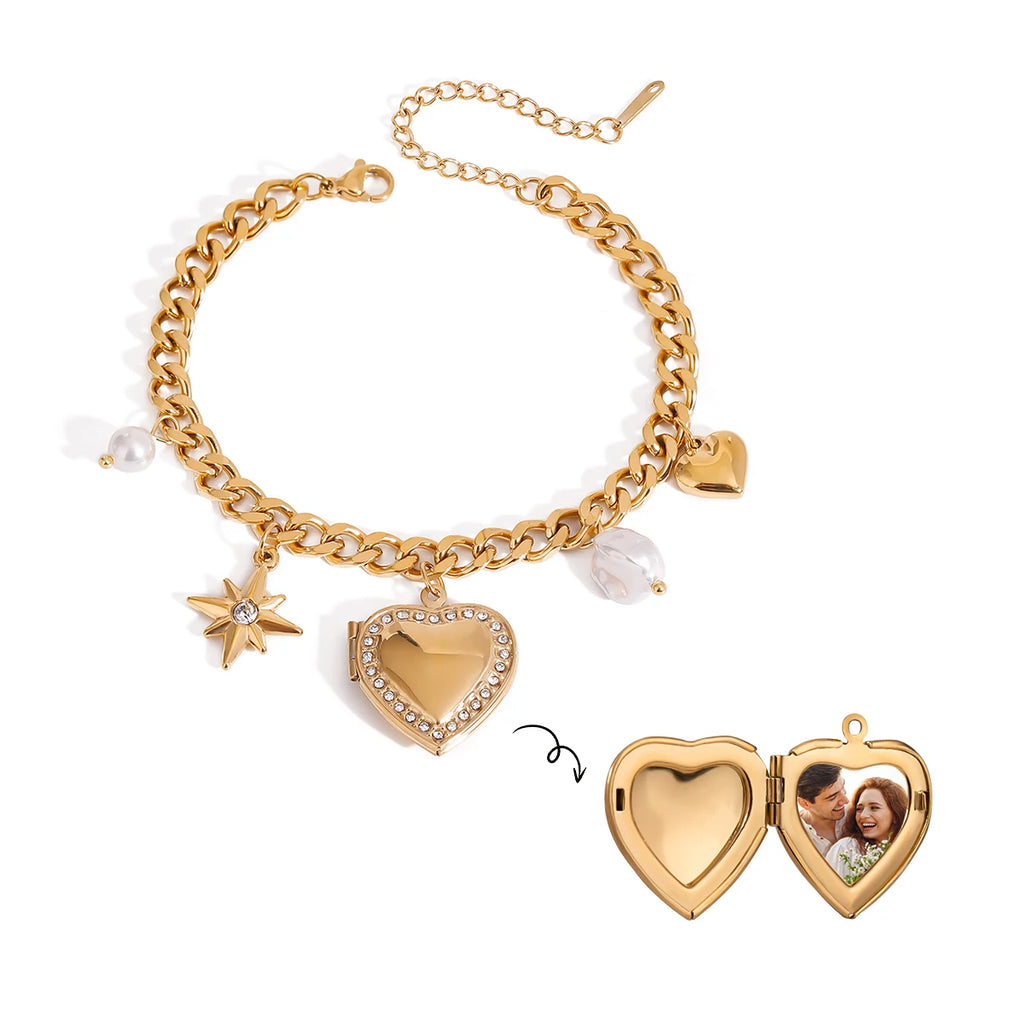 Ulvly 18K Gold Stainless Steel Heart Link Bracelet – Waterproof & Fade-Resistant