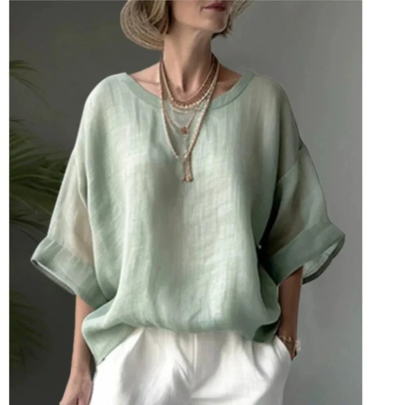 Women Cotton Linen Shirt Oversize Loose Blouse And Tops Summer O Neck Half Sleeve Solid Color Blouse Elegant Top Female